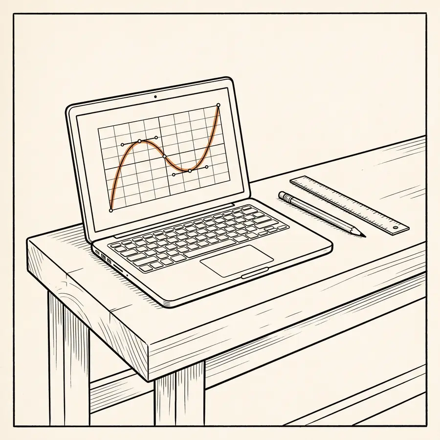 A laptop on a workbench showing a shape being drawn, the first step: design.