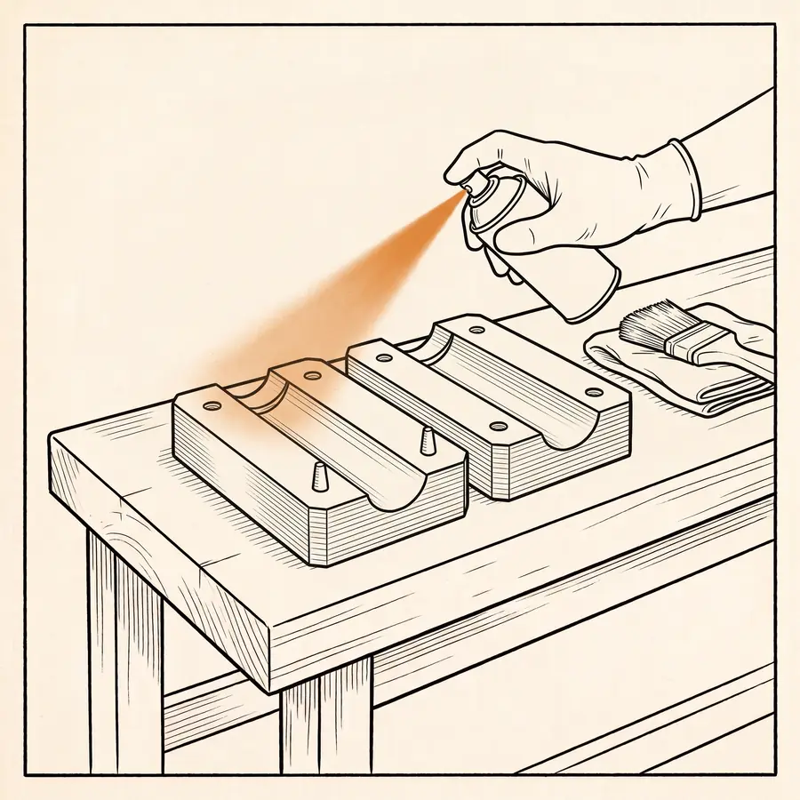 A gloved hand sprays release agent into the two open mould halves, which lie on a bench. A brush and a folded cloth wait beside them.